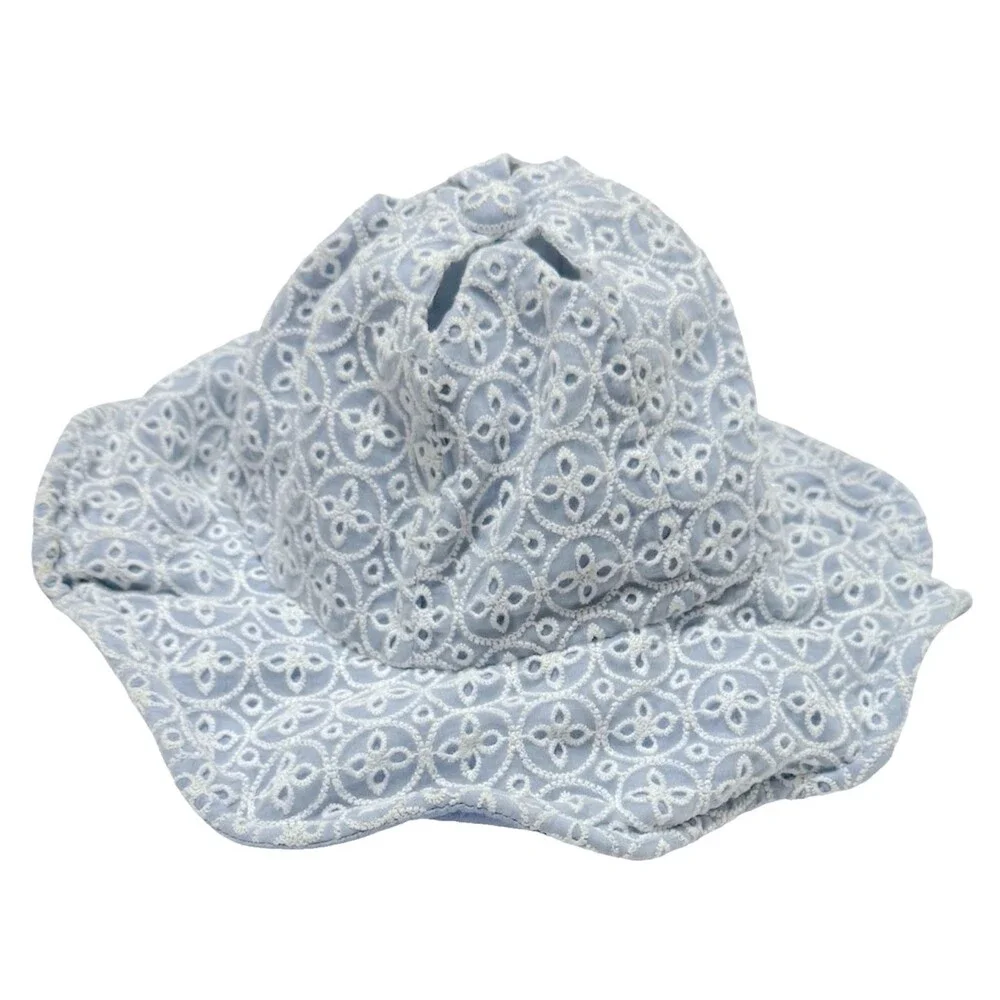 Happyland Baby Sun Hat Blue White Eyelet Flower Adjustable Rim Toddler 18 24 M